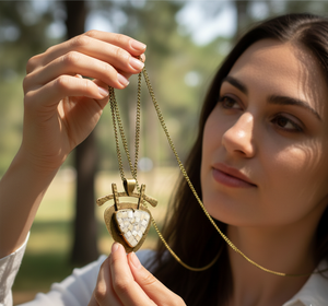 Collar con Colgante de Escudo Texturizado de Mosaico de Hueso Hecho a Mano con Cadena Dorada de Moda en Forma de Corazón para Fiesta - Product Image 6