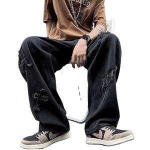 Jean slim noir de haute qualité pour homme, style motard à carreaux, éco-responsable, coupe évasée, motif 3D, décoration diamant, 100 % coton - Product Image 1