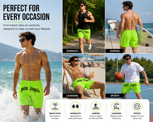 Shorts de bain pour hommes vert fluo à séchage rapide, légers, imprimés, avec cordon de serrage et taille élastique, pour la plage et l'été - Product Image 6