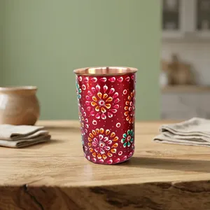 Pure Copper <b>Glass</b> <b>Tumbler</b> with Red Hand Painted Artwork Outer Finish Traditional Handmade Copper Drinking Cup - Product Image 4