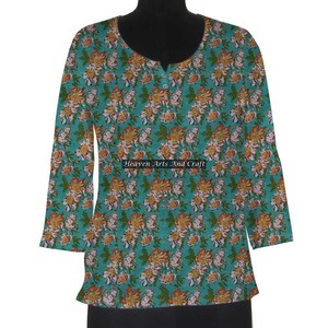 Haut exclusif imprimé bloc de main en coton ethnique indien/robe courte Kurti-Summer Wear-coton naturel-imprimé floral - Product Image 1