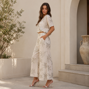 Luxury Tropical Print Co Ord Set for Women V Neck Crop <b>Top</b> Wide Leg Palazzo Pants Casual Resort Vacation Party Outfit Wear - Product Image 3
