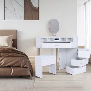 Ensemble coiffeuse et tabouret blanc avec miroir éclairé tricolore amovible, quatre tiroirs et prises intégrées - Product Image 1