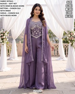 Purple Silk Pant Suit Bhandhani Dupatta Beaded Blouse <b>Shrugs</b> Floor Length Traditional <b>Women's</b> Wedding Wear India Pakistan Style - Product Image 1