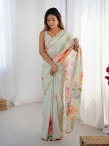 Elegante sari de chinnon verde claro con estampado digital y diseño floral para mujer, estilo indio-pakistaní, ideal para bodas. - Product Image 5