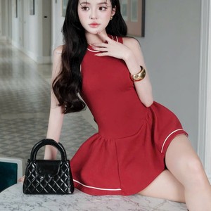 Red Sleeveless A-Line Mid-Calf Chiffon <b>Dress</b> with Lace Trim Scoop Neck <b>Romantic</b> Style 100% Polyester Quick Dry Summer Casual - Product Image 2