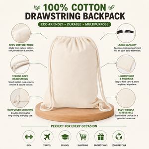 Cotton Drawstring <b>Backpack</b> | Eco-Friendly <b>Large</b> Capacity Reusable Gym Sports Travel <b>School</b> Shopping Sack Custom Logo Wholesale - Product Image 6