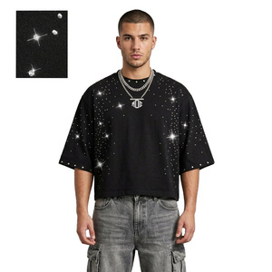 Camisas de hombre vintage de algodón de 240 GSM con estampado de diamantes de imitación personalizado por transferencia térmica, diseño holgado con hombros caídos, etiquetas tejidas. - Product Image 1