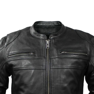 <b>Men's</b> Genuine <b>Leather</b> Slim Breathable Cotton Filled Moto Biker <b>Jacket</b> Mandarin Collar Waterproof Zipper Closure Winter Front - Product Image 2