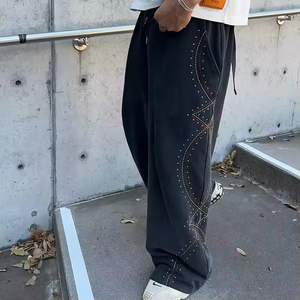 กางเกงขายดี ทรงโค้งลายทาง ผ้าคอตตอนหนา 100% กางเกงผู้ชาย ยูนิเซ็กส์ ทรงโอเวอร์ไซส์ ประดับเพชร กางเกงขายาวทรงตรง สไตล์สปอร์ต สำหรับผู้ชาย - Product Image 2