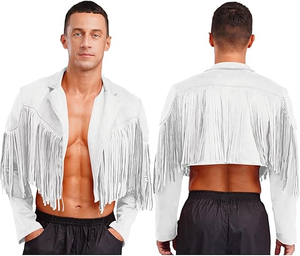 Top Quality <b>White</b> Genuine Leather Fringe <b>Jacket</b> for <b>Men</b> Western Cowboy Open Front Tassel Coat Festival Fashion Outerwear - Product Image 3