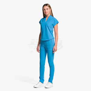 Women Blue Scrub Set Short Sleeve V-Neck Top And Pants Polyester Woven Hospital Uniform For Medical Staff - Product Image 1