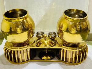 Luxury Modern Gold Hammered Stainless Steel Double Soup Tureen Chafing Dish Set | Premium Foldable <b>Buffet</b> <b>Server</b> Stand for Hotel - Product Image 3