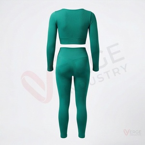 Ensemble 2 pièces pour femmes, haut court à manches longues vert à col en V, leggings taille haute - Product Image 2
