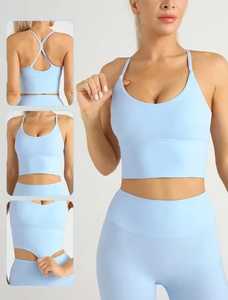 Light <b>Blue</b> Seamless Sports <b>Bra</b> Set With High Waist Leggings For Yoga Fitness Workout - Product Image 1