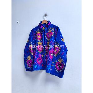 Blouson en velours brodé pour femme, bleu, manches longues, col montant, tenue d'automne, motif artisanal - Product Image 2
