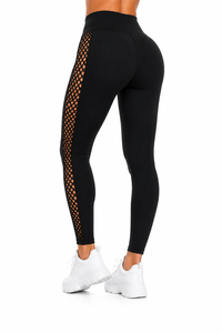 Leggings extensibles noirs taille haute pour femmes avec détails en maille découpée sur le côté – Pantalon de sport tendance pleine longueur - Product Image 2
