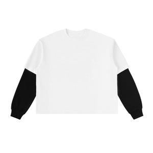 เสื้อยืดแขนยาวโอเวอร์ไซส์สไตล์วินเทจ 310 กรัม สำหรับผู้ชาย แต่งขอบตัดกัน คอโอ ทรงหลวม สีพื้น สไตล์ลำลอง สีขาว ขายส่ง - Product Image 4