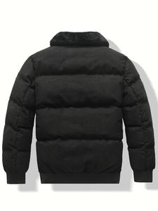 Men's Black Quilted Puffer <b>Jacket</b> Stand Collar Zipper Closure Thick Winter Casual Windproof Solid Color Regular Fit - Product Image 2
