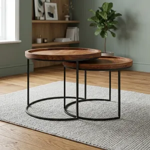 Juego de 2 Mesas de Centro Redondas de Madera Maciza de Sheesham con Patas de Metal Negro, Mesas Auxiliares para Sala de Estar, Estilo Rústico - Product Image 3