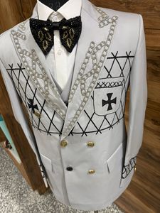 Costume de smoking blanc sur mesure pour homme, double boutonnage, broderie noire, ornements en chaîne, devant plat, Shilpa Creation Viscose Plus - Product Image 3