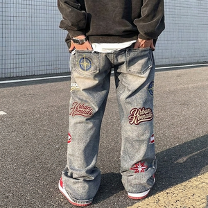 Men's Loose Mid Waist Boyfriend <b>Jeans</b> Breathable Medium Wash Denim Graphic Embroidery Front Logo Spring Summer Autumn Winter - Product Image 1