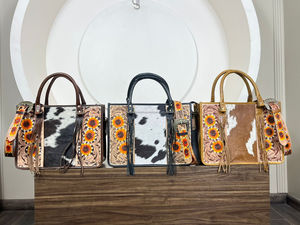 Large Capacity Hand Tooled Genuine Cowhide Leather Sunflower Tote <b>Bag</b> Concealed Carry Purse Western Carving <b>Laptop</b> Office <b>Bag</b> - Product Image 4