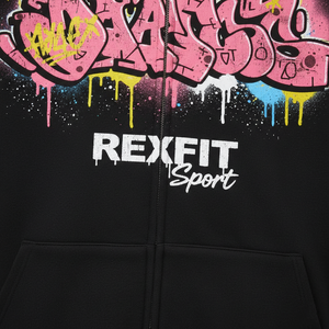 Sweat à capuche zippé Rexfit Sports personnalisé, effet délavé, en molleton épais, style streetwear, avec impression DTG, OEM, fermeture éclair intégrale. - Product Image 5