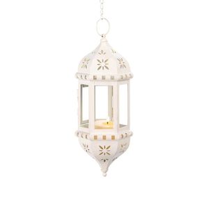 Farol de hierro estilo marroquí blanco con recortes florales para decoración del hogar, portavelas resistente al calor - Product Image 1