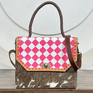 Bolso de Mano de Cuero Vacuno a Cuadros Rosa y Blanco Estilo Occidental para Mujer, Bolso Bandolera con Asa Trenzada - Product Image 4
