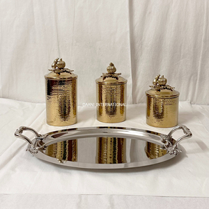 Bocaux de rangement cylindriques empilables en acier inoxydable, finition PVD or effet martelé, fait main, avec plateau pour table à manger - Product Image 4