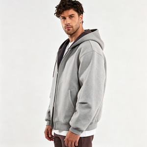 Sweat-shirt unisexe surdimensionné à capuche zippé avec strass, en molleton épais, couleur unie, coupe décontractée, longueur normale, gris, 100 % coton - Product Image 5