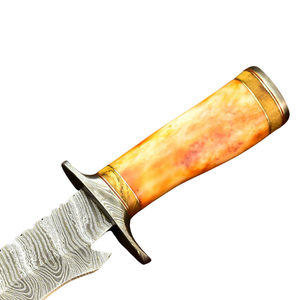 Cuchillos Bowie de Acero de Damasco Hechos a Mano con Mango de Hueso de Camello Amarillo, Funda de Cuero Marrón, Hoja Fija, Cuchillo de Caza para Exteriores - Product Image 2