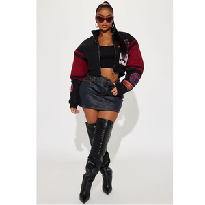 <b>Black</b> <b>And</b> <b>Red</b> <b>Varsity</b> <b>Jacket</b> With Patch Designs Turn Down Collar Streetwear Style Zipper Closure Short Length PU Material - Product Image 1