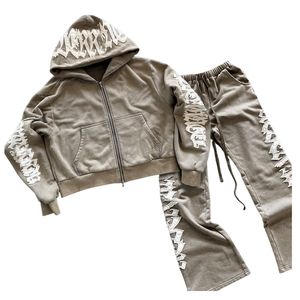 Custom Distressed Embroidery Applique Patch Zip-Up Terry Thermal Street Style 100% Cotton Autumn Hoodies Sweatpants Sets for <b>Men</b> - Product Image 1