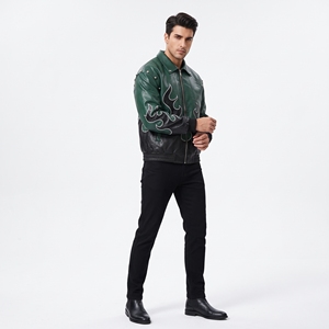 Blouson Bomber Homme Blanc en Cuir Véritable Dumela avec Imprimé Flamme Bleue, Col Rabattu, Fermeture à Bouton Unique, Style Moto Automne, Séchage Rapide - Product Image 5