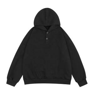 Mezcla de algodón personalizable de alta calidad de gran tamaño Drop Shoulder Clean Fit Button Closure Knitted Hood Fleece Lined Hoodie para hombres - Product Image 5