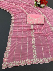 Sari Indio Premium Exclusivo de Tela Georgette Suave con Bordado, Elegante Traje Tradicional para Novia, Vestido de Boda - Product Image 3