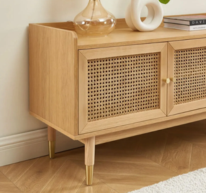 Buffet moderne en teck massif avec porte en rotin, style scandinave, armoire de rangement en bois - Product Image 2