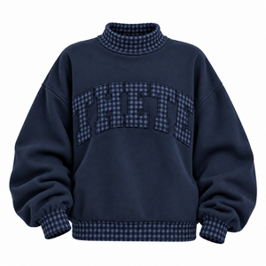Sudadera Oversize de Cuello Alto para Mujer al por Mayor, con Parches de Cuadros y Vichy, de Tejido Grueso, Estilo Casual Universitario, Fabricante Personalizado - Product Image 2