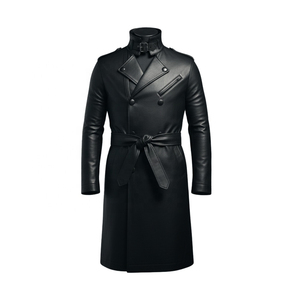Manteau long en cuir véritable noir pour homme, col à revers, double boutonnage, avec ceinture, manches régulières - Product Image 1