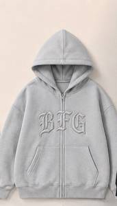 Sweat à capuche zippé brodé BFG unisexe coupe classique en molleton bouclette pour l'automne – Blanc, Gris, Noir, Bleu, Rose, Beige - Product Image 3