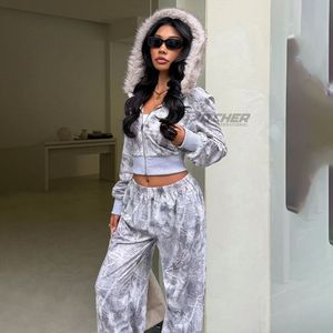 Chándal deportivo extragrande con capucha para mujer, con estampado acid wash, de forro polar cepillado, personalizable, al por mayor - Product Image 2