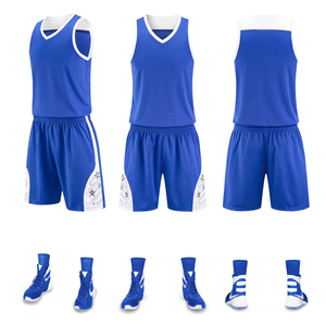Ensemble de maillots de basket-ball personnalisés sublimés blanc et bleu, unisexe, adulte, col en V, sans manches, évacuation de l'humidité, toutes saisons, service OEM - Product Image 5
