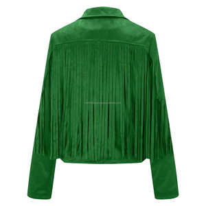 Chaquetas de mujer con flecos de cuero de ante Vintage verde, abrigo de manga larga con solapa abierta estilo vaquero occidental bohemio - Product Image 4