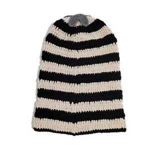 Striped Hand Knitted Beanie <b>Hat</b> for Adults Unisex Winter Casual Blue Gray Black <b>White</b> Acrylic 56-58CM - Product Image 4