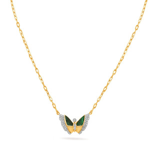 <b>Emerald</b> Wing Diamond Butterfly <b>Pendant</b> Necklace with Sculpted Gold Design - Product Image 2