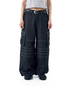 Pantalon cargo en denim taille haute coupe ample couleur unie style utilitaire pour homme – Jean en coton mi-lourd pour l'automne, lavage classique - Product Image 1