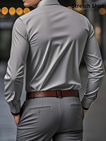 Chemise habillée grise extensible pour homme, manches longues, col rabattu, couleur unie, anti-plis, boutonnée