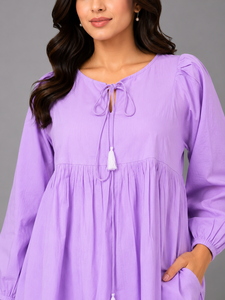 Conjunto Casual de Dos Piezas para Mujer, Color Lavanda Sólido, 100% Algodón Premium, Cuello Mao, Manga Larga, Corte Regular, Verano - Product Image 3